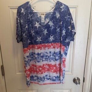 BiBi Distressed Star & Stripe V-Neck Tee in Blue, White & Red